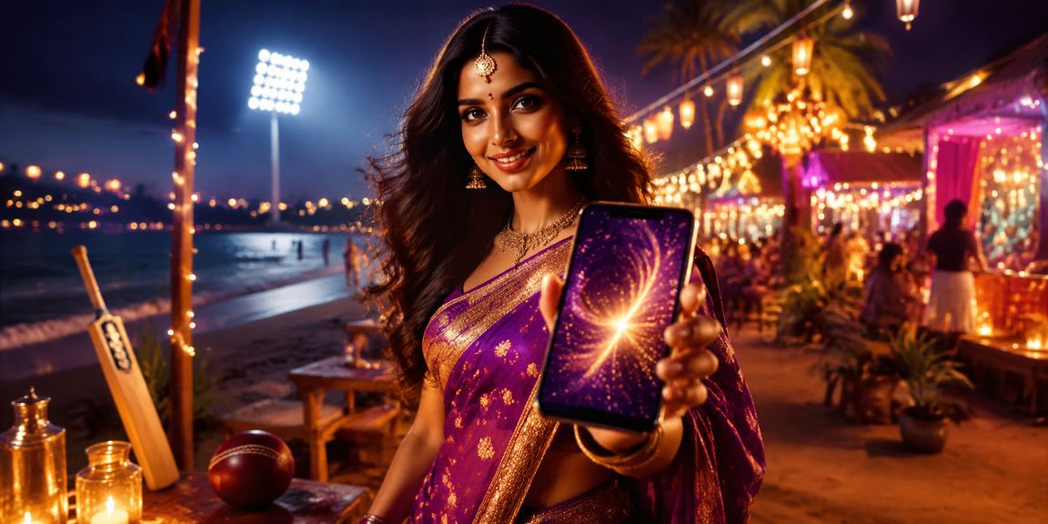 Cricket fans following IPL match on mobile at Indian beach